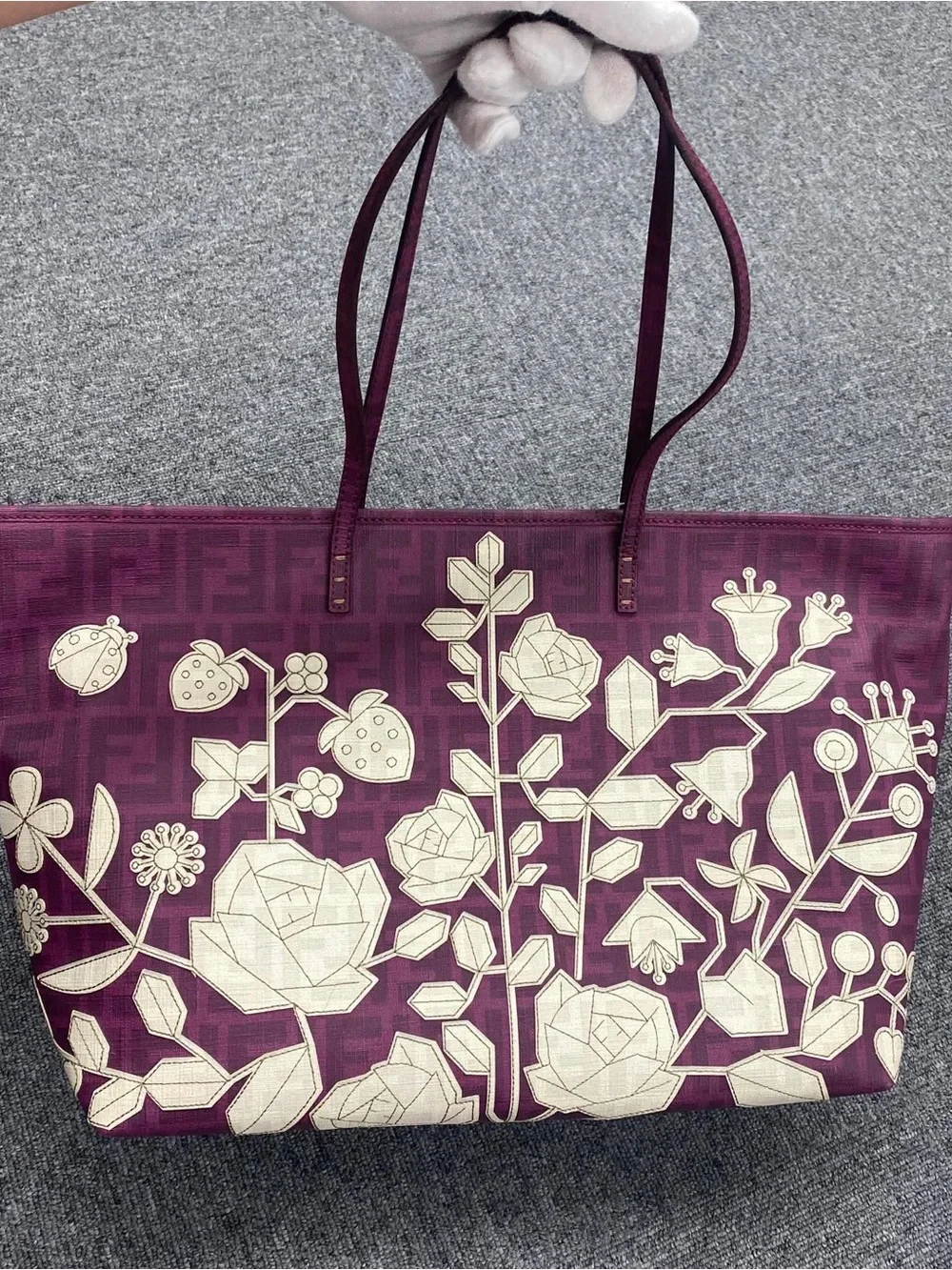 Fendi Plum Tote with Cream Floral Appliqué